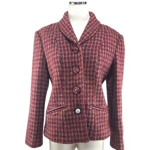 J. Peterman Co Wool Tweed Blazer Jacket Burgundy Houndstooth Textured Size 12